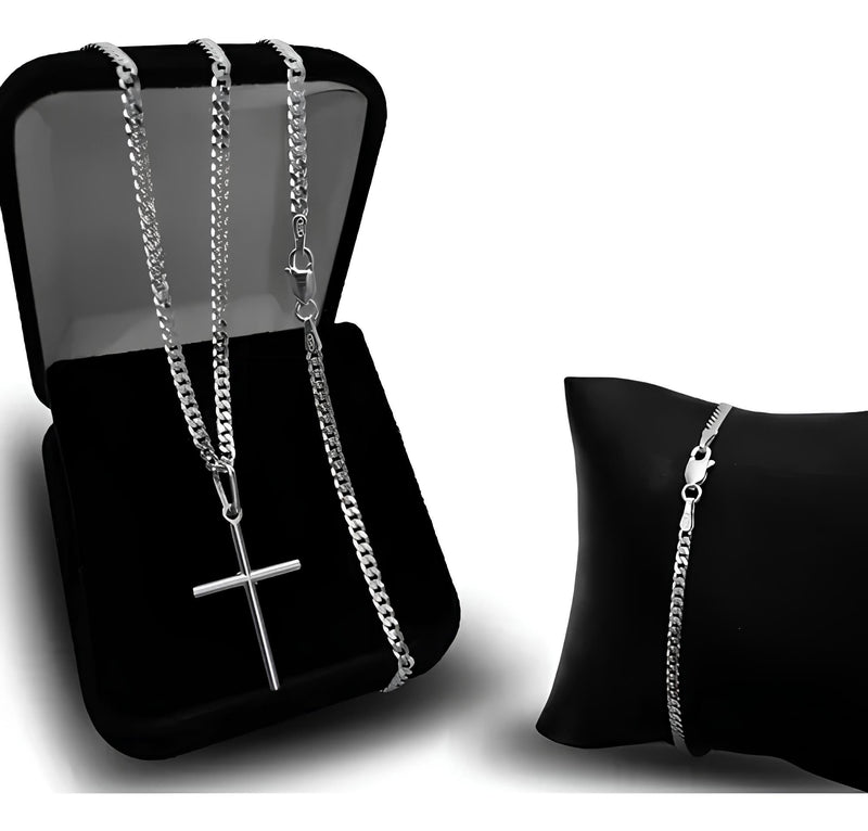 Kit Corrente Grumet Escama de Peixe 2mm 60cm  +Pulseira Escama 2mm +  Pingente de Cruz P +  Flanela Mágica