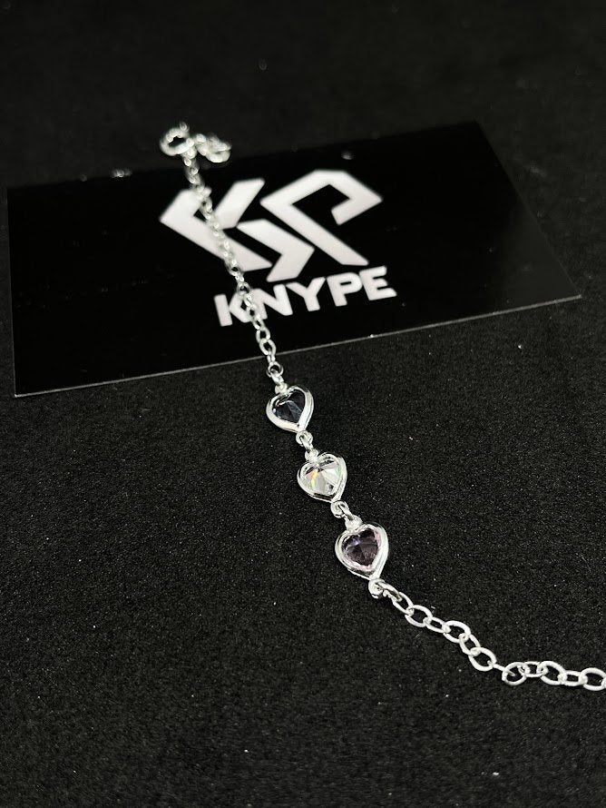 Pulseira Feminina 3 Corações Coloridos Em Prata 925 Legítima + Flanela Mágica