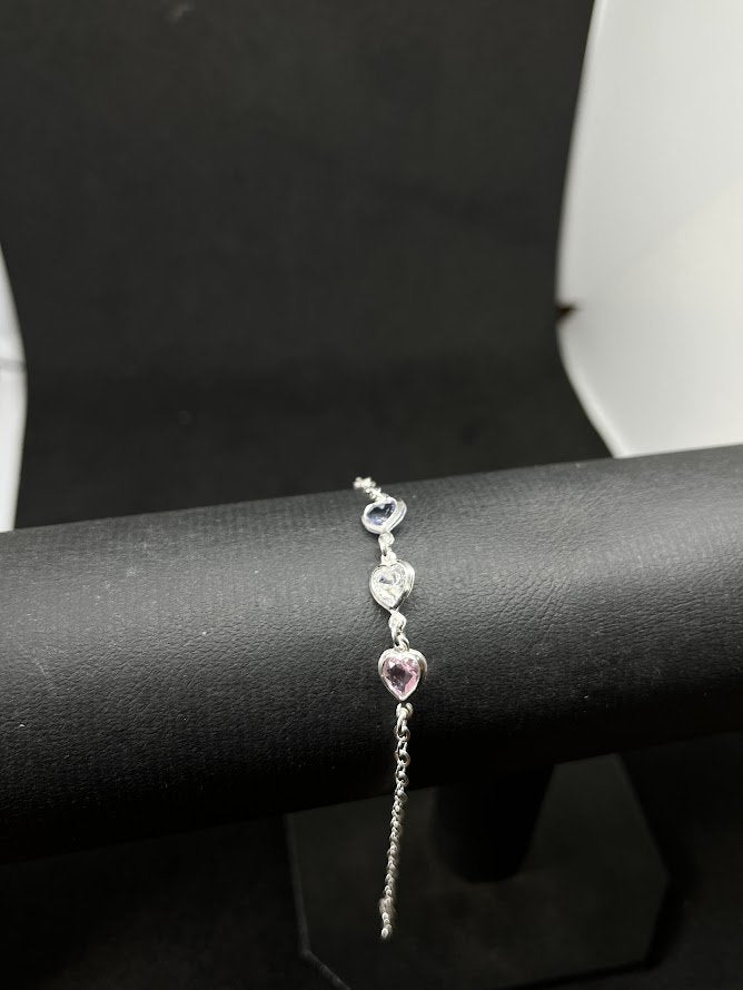 Pulseira Feminina 3 Corações Coloridos Em Prata 925 Legítima + Flanela Mágica