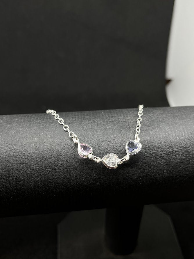 Pulseira Feminina 3 Corações Coloridos Em Prata 925 Legítima + Flanela Mágica