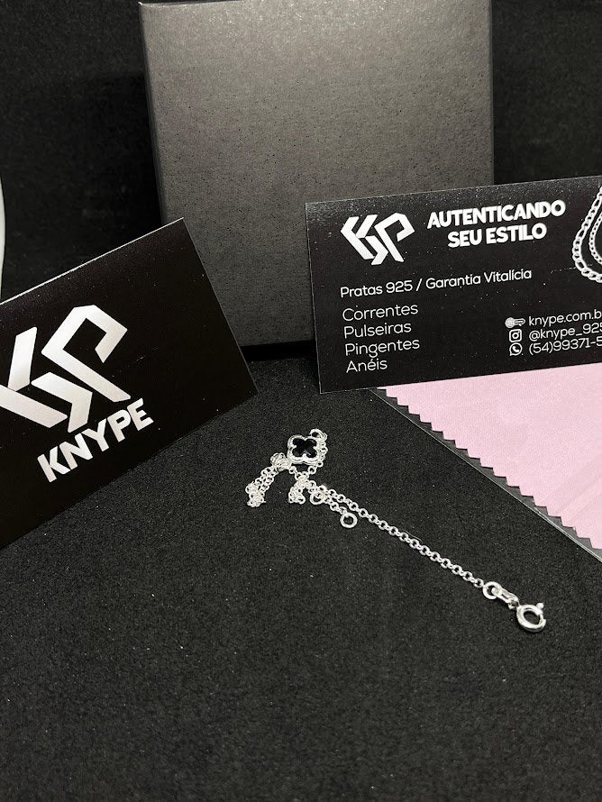 Pulseira Feminina 1 Trevo Preta Inspired Van Cleef  Em Prata 925 Legítima