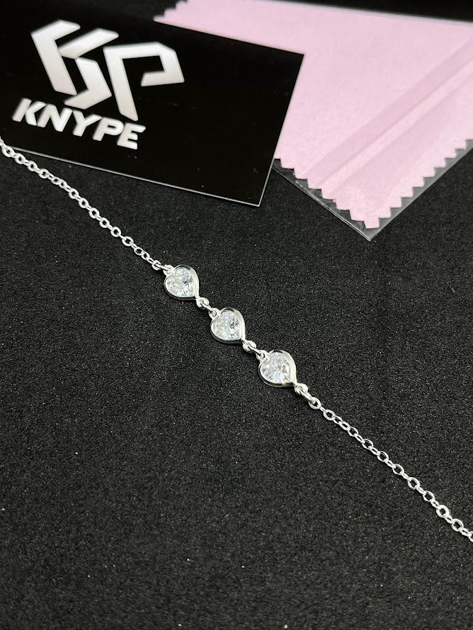 Pulseira Feminina 3 Corações Zircônia Transparentes Em Prata 925 Legítima