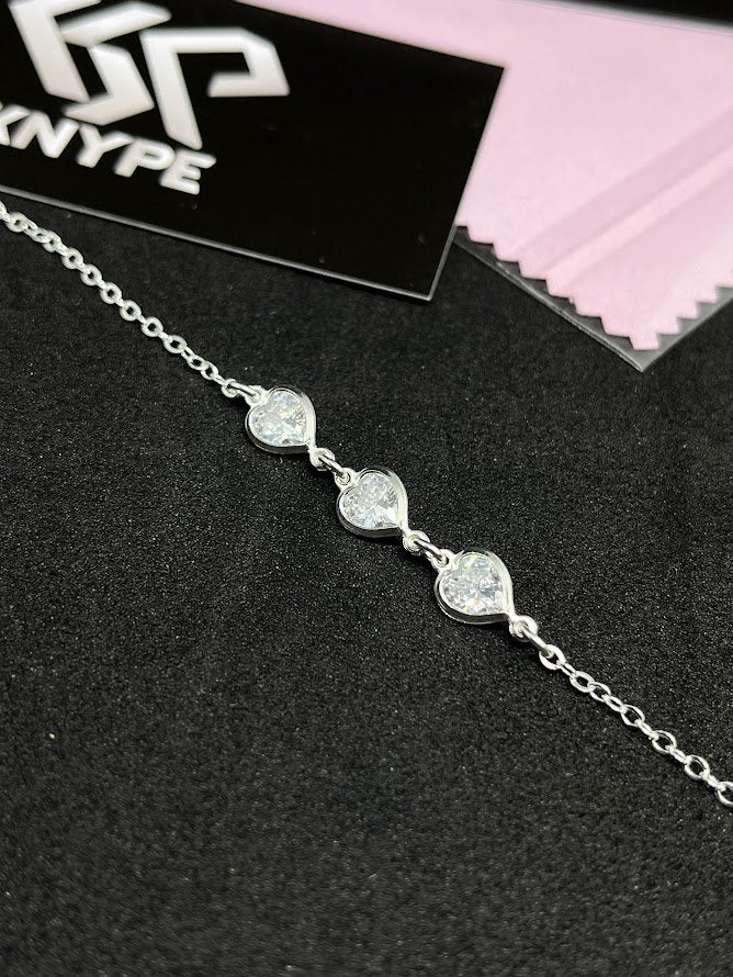 Pulseira Feminina 3 Corações Zircônia Transparentes Em Prata 925 Legítima