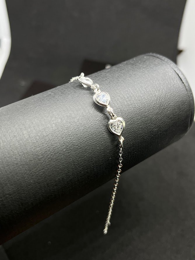 Pulseira Feminina 3 Corações Zircônia Transparentes Em Prata 925 Legítima