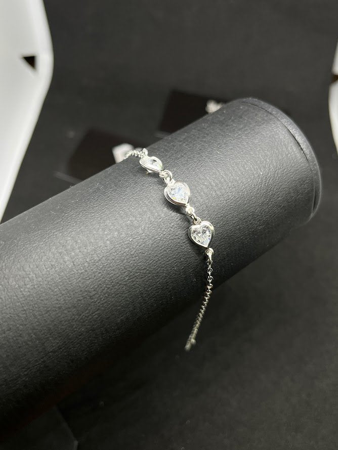 Pulseira Feminina 3 Corações Zircônia Transparentes Em Prata 925 Legítima