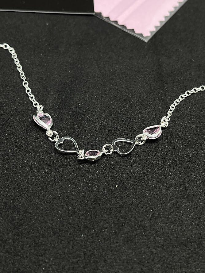 Pulseira Feminina 3 Corações Zircônia Rosa Em Prata 925 Legítima