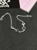 Pulseira Feminina 3 Corações Zircônia Rosa Em Prata 925 Legítima