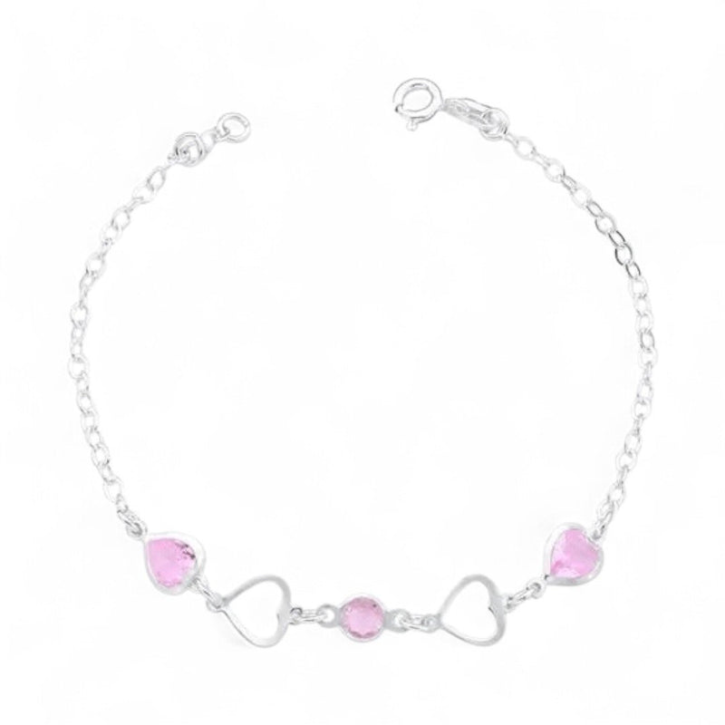 Pulseira Feminina 3 Corações Zircônia Rosa Em Prata 925 Legítima