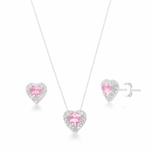 Conjunto Colar + Brincos de Coração Cravejado Rosa Em Prata 925 Legítima + Flanela Mágica (Cópia) (Cópia)