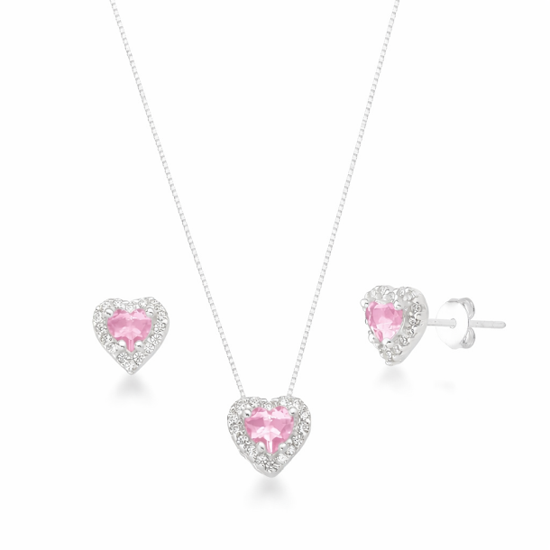 Conjunto Colar + Brincos de Coração Cravejado Rosa Em Prata 925 Legítima + Flanela Mágica (Cópia) (Cópia)