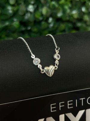 Pulseira Feminina Coração com Pedras de Zircônia Em Prata 925 Legítima + Flanela Mágica
