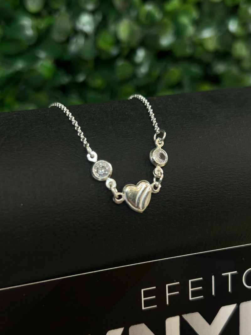 Pulseira Feminina Coração com Pedras de Zircônia Em Prata 925 Legítima + Flanela Mágica