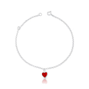 Tornozeleira Feminina Coração Vermelha Em Prata 925 Legítima + Flanela Mágica