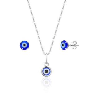 Conjunto Colar + Brincos de Olho Grego 45cm Em Prata 925 Legítima + Flanela Mágica