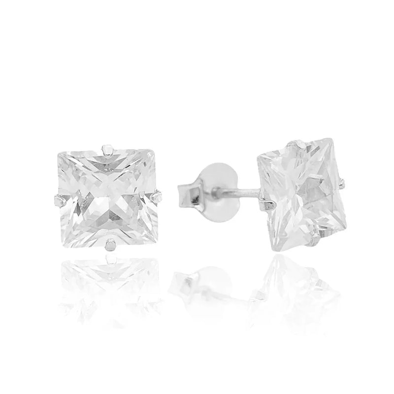 Par de Brincos De Prata 925 Quadrado 12mm com Pedra de Zircônia