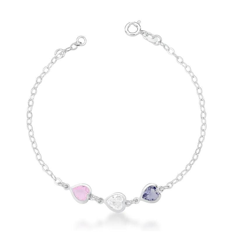 Pulseira Feminina 3 Corações Coloridos Em Prata 925 Legítima + Flanela Mágica