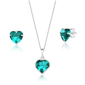 Conjunto Colar + Brincos de Coração Verde Água 45cm Em Prata 925 Legítima + Flanela Mágica